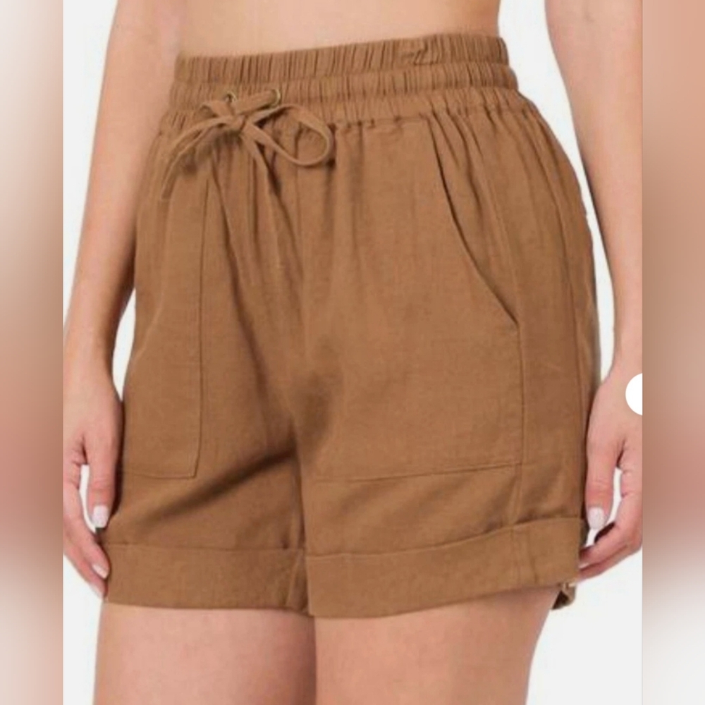 Zenana Linen Shorts Womens Brown Mocha Tori Drawstring Plus Cuffed Hem Pocket